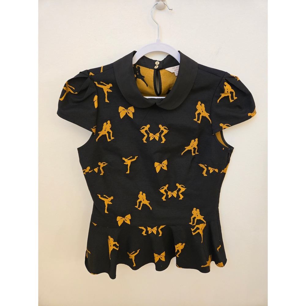 Ted Baker London Faunah Black‎ Gold Jacquard Peplum Top Peter Pan Collar Size 3